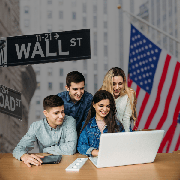 Proven Ways to Succeed: students learning about business with a wall street backdrop