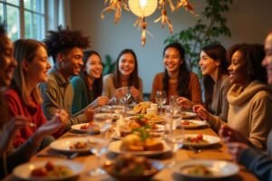 International students enjoying a joyful Thanksgiving dinner together.