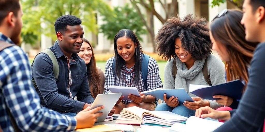 Group of international students collaborating on campus.