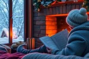 Person studying by a fireplace in a winter setting.