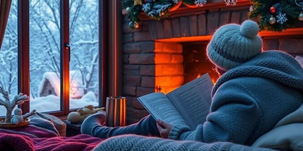 Person studying by a fireplace in a winter setting.